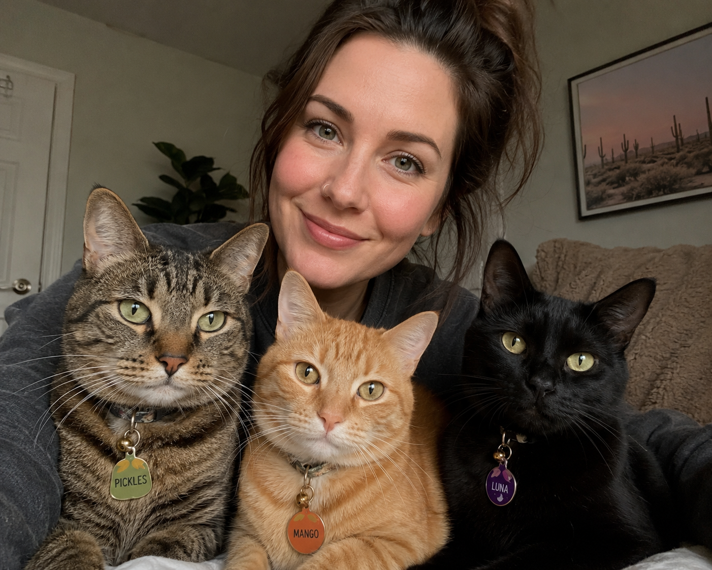 Sarah with Pickles, Mango, and Luna